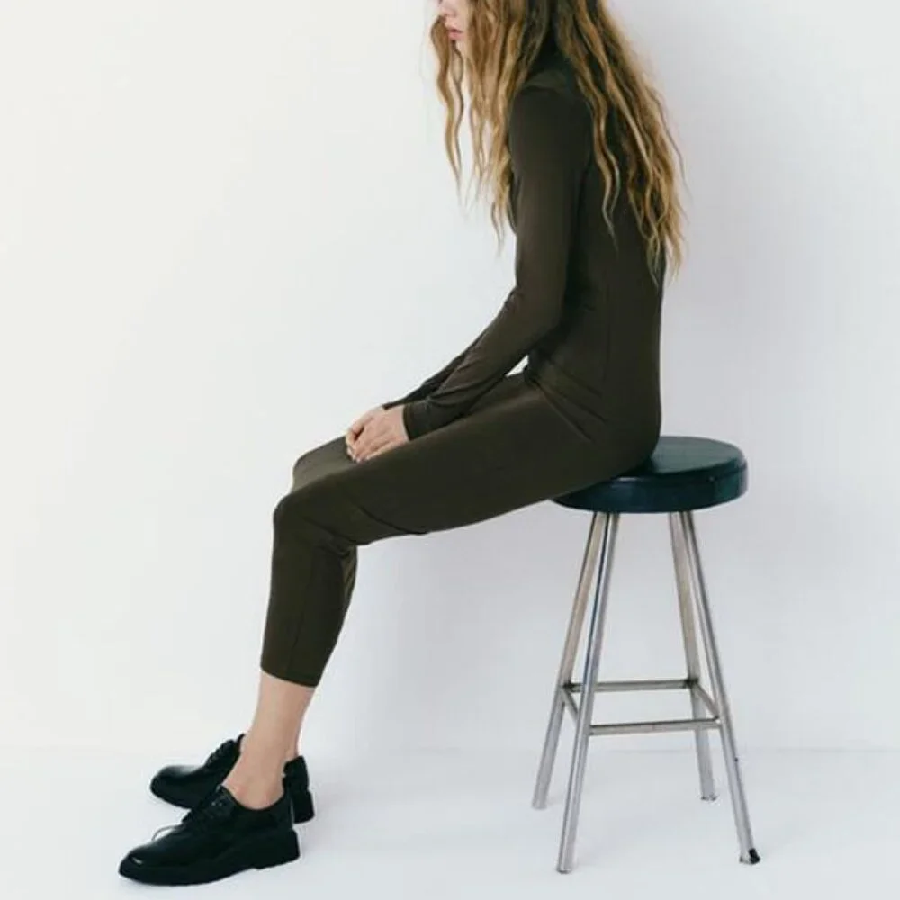 NEW Zara Olive Dark Green Fitted Polyamide Midi Dress S Sleek Stretchy Knit Slim - Picture 2 of 8